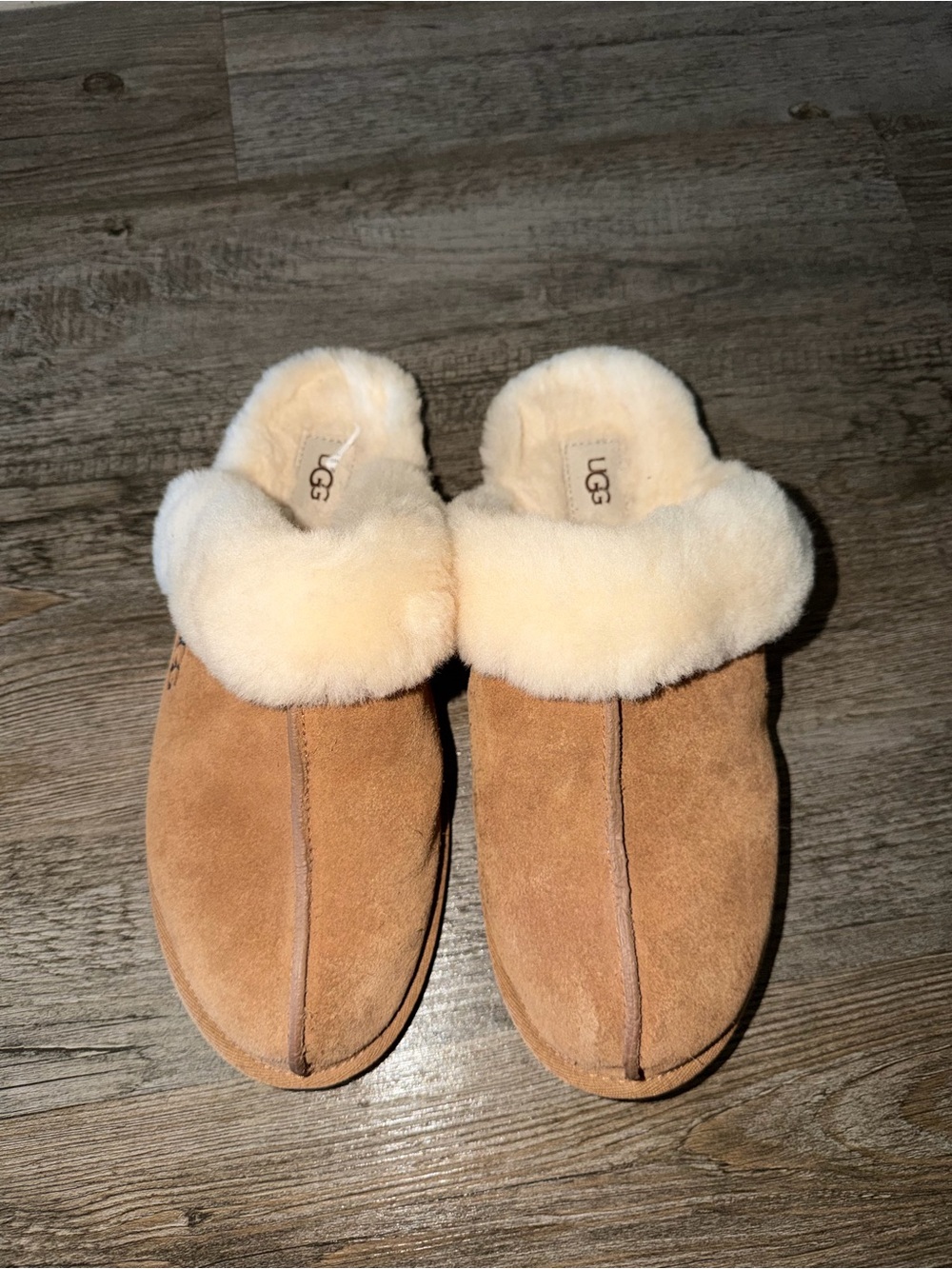 UGG Chestnut Suede Slip-On Slippers with Cream Sheepskin Cuff